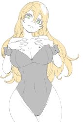Rule 34 | 1girl, absurdres, bad id, bad twitter id, bare shoulders, black leotard, breasts, cleavage, closed mouth, covered navel, cowboy shot, donguri suzume, gluteal fold, green eyes, hair between eyes, hands on own chest, highres, large breasts, leotard, long hair, orange hair, simple background, smile, solo, standing, thigh gap, white background, wrist cuffs