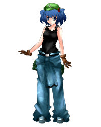 Rule 34 | 1girl, alternate costume, aoshima, bag, bare shoulders, belt, blue eyes, blue hair, clothes around waist, female focus, gloves, hair bobbles, hair ornament, hat, jacket, jacket around waist, kawashiro nitori, matching hair/eyes, pants, smile, solo, tank top, touhou, twintails, two side up