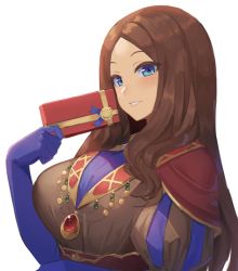Rule 34 | 1girl, blue eyes, blue gloves, blush, box, breasts, brown dress, brown hair, dress, elbow gloves, fate/grand order, fate (series), forehead, gift, gift box, gloves, grin, highres, large breasts, leonardo da vinci (fate), long hair, looking at viewer, parted bangs, puff and slash sleeves, puffy short sleeves, puffy sleeves, ranma (kamenrideroz), red skirt, short sleeves, skirt, smile, solo