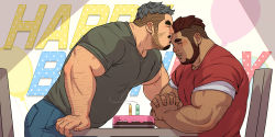 Rule 34 | 2boys, absurdres, arm hair, bara, beard, belly, biceps, birthday, blush, brown hair, cake, candle, chair, couple, dark-skinned male, dark skin, denim, closed eyes, facial hair, feet out of frame, food, from side, gangdong, green shirt, grey hair, happy birthday, highres, jeans, kiss, kissing forehead, large pectorals, male focus, mature male, multiple boys, muscular, muscular male, non-web source, original, own hands together, palms together, pants, party, pectorals, plump, red shirt, shirt, short hair, sitting, thick eyebrows, underpec, upper body, yaoi