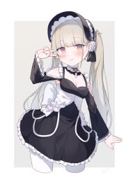 Rule 34 | 1girl, absurdres, azur lane, bare shoulders, black dress, black hat, blunt bangs, blush, bonnet, cropped legs, dress, fingernails, flower, frilled dress, frilled sleeves, frills, hand up, hat, hat flower, highres, layered dress, light brown hair, little formidable (azur lane), long hair, looking at viewer, pantyhose, ping zhong yu, red eyes, simple background, smile, solo, twintails, two-tone dress, v, white dress, white pantyhose
