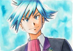 Rule 34 | 1boy, black jacket, blue background, blue eyes, blue hair, closed mouth, collared shirt, commentary request, creatures (company), game freak, highres, jacket, male focus, necktie, nintendo, oka mochi, pokemon, pokemon oras, shirt, short hair, smile, solo, spiked hair, steven stone, traditional media, upper body, white shirt