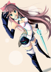 Rule 34 | 1girl, bare shoulders, blue footwear, blush, boots, bow, breasts, brown hair, claws, cleavage, cosplay, gloves, green eyes, grin, hair bow, hatsune miku, hatsune miku (cosplay), headset, long hair, looking at viewer, mistrail, original, polearm, race queen, smile, solo, spear, thigh boots, thighhighs, umbrella, vocaloid, weapon, white thighhighs