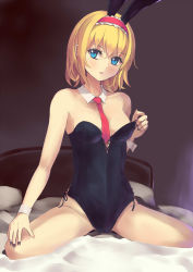 Rule 34 | 1girl, alice margatroid, alternate costume, animal ears, bare shoulders, bed, between breasts, blonde hair, blue eyes, blush, breasts, cleavage, clothes pull, commentary request, culter, detached collar, eyeshadow, fake animal ears, hairband, highleg, highleg leotard, highres, kneeling, leotard, leotard pull, lolita hairband, looking at viewer, makeup, necktie, on bed, open mouth, pantyhose, parted lips, playboy bunny, rabbit ears, rabbit tail, red necktie, short hair, small breasts, solo, spread legs, tail, touhou, twitter username, wrist cuffs