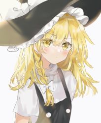 Rule 34 | 1girl, black hat, blonde hair, bow, braid, expressionless, hat, hat bow, kirisame marisa, long hair, looking at viewer, shinonome (ichigotsuki), simple background, solo, touhou, white background, white bow, witch hat, yellow eyes