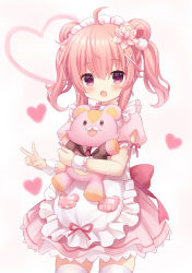 Rule 34 | absurdres, ahoge, alternate costume, alternate hairstyle, apron, curcuma (flower knight girl), double bun, flower, flower knight girl, hair flower, hair ornament, highres, maid headdress, open mouth, pink eyes, shiodome oji, solo, standing, stuffed animal, stuffed toy, teddy bear, thighhighs, twintails, v, x hair ornament