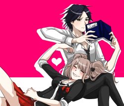 Rule 34 | 1boy, 1girl, ahoge, black hair, black necktie, black pants, black shirt, blush, book, bow, breasts, brown hair, buttons, crossed legs, danganronpa: trigger happy havoc, danganronpa (series), enoshima junko, feet out of frame, frown, grin, holding, holding book, hy (fjvlg), large breasts, long sleeves, matsuda yasuke, miniskirt, necktie, pants, parted bangs, pink background, red bow, red skirt, shirt, skirt, smile, teeth, twintails, white background, white shirt