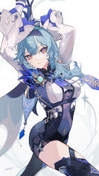 1girl absurdres arms_up blue_gloves blue_hair bodystocking breasts cape center_opening eula_(genshin_impact) feathers genshin_impact gloves hairband highres long_sleeves looking_at_viewer purple_eyes signature solo thighhighs u_tnmn wide_sleeves