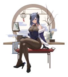 Rule 34 | 1girl, absurdres, alternate costume, august von parseval (azur lane), azur lane, bare shoulders, black footwear, black gloves, black pantyhose, blue dress, blue eyes, blue flower, blue hair, blue rose, bodystocking, breasts, china dress, chinese clothes, cloak, closed mouth, covered collarbone, crossed legs, curled horns, dress, floral print, flower, full body, fur trim, gloves, gradient background, hair over one eye, halter dress, halterneck, high heels, highres, horns, knees, lamp, large breasts, long hair, looking at viewer, mechanical horns, ningri (lianyungangwyz), non-humanoid robot, off shoulder, one eye covered, pantyhose, robot, robot dragon, rose, shoe dangle, simple background, sitting, smile, solo, taut clothes, taut dress, thighs, tsurime