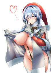 Rule 34 | 1girl, blue eyes, blue hair, breasts, christmas, commentary request, cowboy shot, dress, fur-trimmed headwear, fur trim, gloves, gotland (kancolle), grey dress, hair bun, hat, highres, kantai collection, large breasts, long hair, long sleeves, looking at viewer, mole, mole under eye, navel, nipples, official alternate costume, one eye closed, open clothes, open dress, pulumelo, red hat, santa costume, santa hat, single hair bun, smile, solo, standing, thighhighs, white gloves, white thighhighs