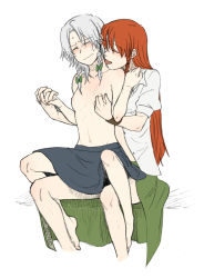 Rule 34 | 2girls, barefoot, blush, braid, embodiment of scarlet devil, female focus, flat chest, holding hands, hong meiling, izayoi sakuya, licking, licking another&#039;s neck, long hair, multiple girls, nipples, red hair, silver hair, topless, torinone, touhou, twin braids, yuri