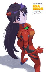 Rule 34 | 1girl, absurdres, ass, bishoujo senshi sailor moon, black hair, bodysuit, bracer, breasts, commentary request, cosplay, earrings, hairpods, highres, interface headset, jewelry, long hair, neon genesis evangelion, pilot suit, plugsuit, purple eyes, red bodysuit, small breasts, solo, souryuu asuka langley, souryuu asuka langley (cosplay), standing, stud earrings, tsunemoku, very long hair