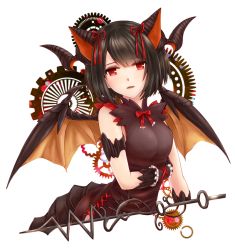 Rule 34 | 1girl, animal ears, bad id, bad twitter id, black hair, bow, bowtie, breasts, brown dress, dragon ears, dragon horns, dragon wings, dress, gears, horns, kazuyoshi, looking at viewer, medium breasts, myr (p&amp;d), open mouth, puzzle &amp; dragons, red bow, red bowtie, red eyes, short hair, simple background, sleeveless, solo, upper body, white background, wings