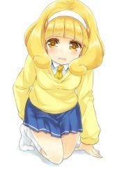 Rule 34 | 10s, 1girl, arm support, blonde hair, hairband, jpeg artifacts, kise yayoi, kneehighs, kneeling, maruki (punchiki), no shoes, open mouth, precure, school uniform, simple background, skirt, smile precure!, socks, solo, sweater, wavy mouth, white background, white hairband, white socks, yellow eyes