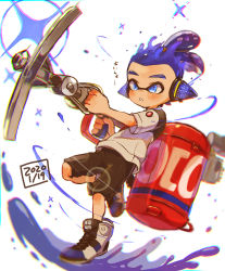 Rule 34 | 1boy, action, black shorts, blue eyes, blue hair, blurry, dated, harutarou (orion 3boshi), headgear, high tops, highres, holding, holding weapon, inkling, inkling boy, inkling player character, leg up, logo, looking to the side, male focus, nintendo, parted lips, scrunchie, shirt, shoes, short hair, short sleeves, shorts, sneakers, solo, sparkle, splatoon (series), splatoon 2, standing, standing on one leg, sting ray (splatoon), tentacle hair, topknot, translated, weapon, white footwear, white shirt