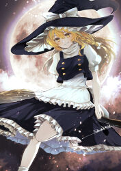 Rule 34 | 1girl, apron, artist name, black skirt, black vest, blonde hair, bow, braid, broom, broom riding, commentary request, full moon, hair bow, hat, hat bow, highres, kirisame marisa, long hair, moon, puffy short sleeves, puffy sleeves, short sleeves, side braid, signature, single braid, skirt, smile, solo, soukou (artist), touhou, vest, waist apron, white apron, white bow, witch hat, yellow eyes