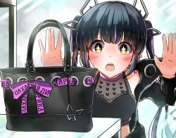 Rule 34 | + +, 1girl, against glass, bag, black hair, black jacket, black shirt, blouse, blunt bangs, blush, breasts, cleavage, crop top, dameyoshi, demon girl, demon horns, demon tail, handbag, heart, heart print, highres, horns, jacket, kojo anna, kojo anna (1st costume), long hair, long sleeves, looking at object, medium breasts, multicolored hair, nanashi inc., open clothes, open jacket, open mouth, pointy ears, print shirt, purple hair, russian text, see-through, see-through cleavage, see-through shirt, shirt, sleeveless, sleeveless shirt, solo, sugar lyric, tail, translated, twintails, two-tone hair, upper body, virtual youtuber, yellow eyes