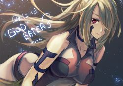 Rule 34 | 10s, 1girl, bare shoulders, breasts, god eater, god eater 3, long hair, looking at viewer, ponytail, protagonist (god eater), red eyes, silver hair, solo, tagme