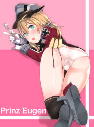 Rule 34 | 10s, 1girl, :o, anchor hair ornament, aqua eyes, ass, bad id, bad pixiv id, bent over, black skirt, black thighhighs, blonde hair, blush, cameltoe, character name, cross, food, from behind, gloves, hair ornament, hat, holding, iron cross, kantai collection, kyuuso inukami, long hair, long sleeves, looking back, microskirt, military, military uniform, open mouth, over-kneehighs, panties, peaked cap, pink background, pleated skirt, prinz eugen (kancolle), pudding, skirt, solo, sparkle, spoon, thighhighs, trefoil, twintails, underwear, uniform, white gloves, white panties