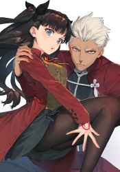 Rule 34 | 1boy, 1girl, absurdres, archer (fate), black ribbon, black skirt, blue eyes, bow, breasts, brown hair, brown pantyhose, brown vest, carrying, closed mouth, coat, collared shirt, command spell, commentary request, dark-skinned male, dark skin, fate/stay night, fate (series), grey background, grey eyes, grey hair, hair ribbon, highres, long hair, long sleeves, looking at viewer, open clothes, open coat, pantyhose, parted lips, princess carry, red bow, red coat, ribbon, rolua, school uniform, shirt, simple background, skirt, sleeves past wrists, small breasts, striped, striped bow, tohsaka rin, two side up, v-shaped eyebrows, very long hair, vest, white shirt