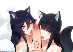 Rule 34 | 1boy, 2girls, ahri (league of legends), animal ear fluff, animal ears, black hair, black nails, black tail, blue eyes, character request, collarbone, cooperative fellatio, fellatio, hetero, large penis, league of legends, licking, licking penis, looking at viewer, multiple girls, multiple tails, one eye closed, oral, original, penis, pov, reiko (tofuubear), simple background, tail, tofuubear, tongue, tongue out, white background, white tail, yellow eyes