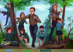 Rule 34 | 4boys, 4girls, absurdres, backpack, badge, bag, belt, belt buckle, binoculars, blonde hair, blue eyes, blue shirt, boy scout, brown eyes, brown hair, brown shirt, buckle, cloud, collared shirt, commission, commissioner upload, cub scout, curly hair, day, english text, flats, fleur-de-lis (symbol), fleur-de-lis, forest, girl scout, green eyes, green shirt, highres, huge filesize, in tree, long hair, long sleeves, looking at viewer, looking away, magnifying glass, map, multiple boys, multiple girls, nature, neckerchief, original, outdoors, pants, poster (medium), red hair, backpack, sandals, scout movement, shirt, shoes, short hair, short sleeves, shorts, sitting, sitting in tree, skirt, sky, squatting, standing, sweater, tree, tychytamara, uniform, yellow eyes, yellow footwear