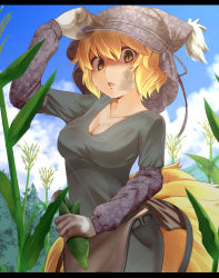 Rule 34 | 1girl, adjusting clothes, adjusting headwear, alternate costume, apron, blonde hair, blush, breasts, cleavage, cloud, collarbone, corn, covered erect nipples, cowboy shot, day, dirty, dirty clothes, dirty face, food, fox tail, gloves, hat, holding, holding food, large breasts, looking at viewer, multiple tails, open mouth, outdoors, overalls, pants, shirt, short hair, sky, solo, sweat, tail, tamahana, touhou, waist apron, yakumo ran, yellow eyes