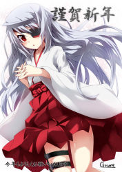 Rule 34 | 10s, 1girl, akeome, blush, eyepatch, grune, happy new year, infinite stratos, japanese clothes, laura bodewig, long hair, miko, new year, open mouth, red eyes, silver hair, solo, strap, thigh strap, translation request