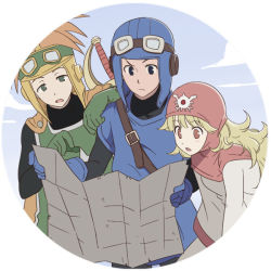Rule 34 | 1girl, 2boys, blonde hair, breasts, closed mouth, curly hair, dragon quest, dragon quest ii, dress, gloves, goggles, goggles on head, hat, hood, hyakuen raitaa, long hair, long sleeves, multiple boys, open mouth, prince of lorasia, prince of samantoria, princess of moonbrook, red eyes, spiked hair, sword, weapon