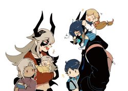 Rule 34 | &gt;o&lt;, 3boys, 3girls, aged down, ahoge, alfonse (fire emblem), baby, backpack, bag, bii (chigonez), black jacket, black shirt, blonde hair, blue hair, book, brother and sister, casual, collarbone, commentary, english commentary, family, fang, fire emblem, fire emblem heroes, gradient hair, grey hair, hair between eyes, hair ornament, hands in pockets, heart, heart in mouth, holding, holding baby, holding book, hood, hood down, hooded jacket, horned mask, horns, jacket, lif (fire emblem), long hair, looking at another, mask, masked, multicolored hair, multiple boys, multiple girls, mysterious man (fire emblem), navel, nintendo, open mouth, ponytail, red eyes, red jacket, sharena (fire emblem), shirt, short hair, siblings, simple background, smile, thrasir (fire emblem), veronica (fire emblem), white background