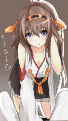 Rule 34 | 10s, 1boy, 1girl, admiral (kancolle), ahoge, bare shoulders, blue eyes, breasts, brown hair, cleavage, hairband, heart, highres, kantai collection, kongou (kancolle), long hair, looking at viewer, nontraditional miko, saku (kudrove), skirt, smile, tongue, translated