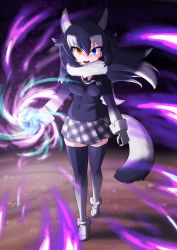 Rule 34 | 1girl, absurdres, animal ears, artist request, black hair, blue eyes, breast pocket, breasts, energy, energy ball, fang, full body, fur collar, gloves, gradient legwear, grey wolf (kemono friends), heterochromia, highres, kemono friends, looking at viewer, medium breasts, multicolored hair, necktie, open mouth, plaid necktie, plaid neckwear, pocket, skin fang, solo, tail, thighhighs, two-tone hair, white background, white gloves, wolf ears, wolf girl, wolf tail, yellow eyes, zettai ryouiki