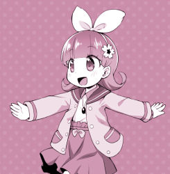 Rule 34 | 1girl, :d, blush, collared shirt, comiket 88, commentary request, cowboy shot, flower, hair flower, hair ornament, hair ribbon, high-waist skirt, jacket, jewelpet (series), jewelpet magical change, jewelry, long hair, long sleeves, looking away, monochrome, open clothes, open jacket, open mouth, outstretched arms, pendant, polka dot, polka dot background, ribbon, ruby (jewelpet), sakurabe notos, sepia, shirt, skirt, smile, solo, tareme, walking