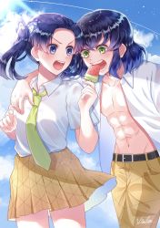 Rule 34 | 1boy, 1girl, belt, black hair, blue eyes, blue hair, breasts, butterfly hair ornament, commentary request, couple, eating, food, green eyes, green neckwear, hair ornament, hashibira inosuke, highres, ice cream, kanzaki aoi (kimetsu no yaiba), kimetsu no yaiba, long hair, long sleeves, looking at viewer, multicolored hair, multiple boys, multiple girls, muscular, necktie, open clothes, open mouth, open shirt, pants, shirt, short sleeves, skirt, sky, topless male, twintails, v-shaped eyebrows, violet viora