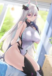 Rule 34 | 1girl, absurdres, azur lane, bare shoulders, black gloves, black thighhighs, blush, breasts, covered navel, elbow gloves, gloves, grey hair, hair ornament, highleg, highleg swimsuit, highres, kearsarge (azur lane), large breasts, long hair, looking at viewer, one-piece swimsuit, purple eyes, sitting, solo, swimsuit, thighhighs, thighs, unique (pixiv12704744), white one-piece swimsuit