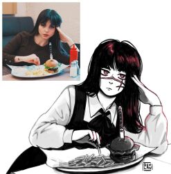 Rule 34 | 1girl, burger, chainsaw man, commentary, cross scar, dress, facial scar, food, fourth east high school uniform, french fries, frown, greyscale, head rest, knife, long hair, monochrome, osulan, photo-referenced, photo inset, pinafore dress, plate, red eyes, reference inset, ringed eyes, scar, scar on cheek, scar on face, scar on nose, school uniform, signature, sleeveless, sleeveless dress, solo, spot color, underwear, yoru (chainsaw man)
