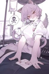 Rule 34 | 1girl, :d, aioi u, alternate costume, animal ears, artist name, bed, breasts, cat ears, cat girl, cat tail, cross, doctor blythe, fangs, feathered wings, fingernails, grey hair, grey wings, hair between eyes, head tilt, heart, highres, hospital bed, hunter x hunter, intravenous drip, iv stand, looking at viewer, medium breasts, mini wings, neferpitou, nurse, open mouth, orange eyes, puffy short sleeves, puffy sleeves, short hair, short sleeves, skin fangs, skull and crossbones, smile, speech bubble, spoken skull, stitches, tail, tail raised, wings