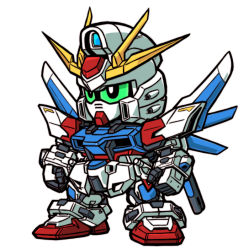 Rule 34 | 10s, armor, arms at sides, bright pupils, build strike gundam, clenched hands, colored sclera, full body, green sclera, gundam, gundam build fighters, mecha, no humans, robot, sd gundam, simple background, white background, yk-ts