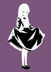 Rule 34 | 1girl, absurdres, apron, clothes lift, dress, full body, grand summoners, highres, liza (grand summoners), long hair, long sleeves, maid, maid apron, maid headdress, mary janes, monochrome, puppuppa, purple background, shoes, simple background, skirt, skirt lift, smug, solo, thick eyebrows