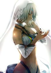 Rule 34 | 10s, 1girl, altera (fate), artist name, bare shoulders, black nails, breasts, commentary request, dark skin, dark-skinned female, detached sleeves, closed eyes, fate/extella, fate/extra, fate (series), from side, jewelry, midriff, nail polish, navel, nina (pastime), ring, small breasts, solo, veil, white background, white hair