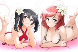 Rule 34 | 2girls, barefoot, bed, bikini, black hair, breasts, cleavage, commentary request, criss-cross halter, feet, flat chest, flower, hair flower, hair ornament, halterneck, kirisaki reina, legs up, looking at viewer, love live!, love live! school idol festival, love live! school idol project, lying, multiple girls, nishikino maki, on stomach, purple eyes, red bikini, red eyes, red hair, short hair, side-tie bikini bottom, simple background, smile, soles, striped bikini, striped clothes, swimsuit, the pose, twintails, white background, white flower, yazawa nico