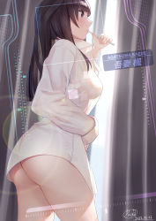 Rule 34 | 1girl, absurdres, agatsuma kaede, alice gear aegis, ass, black hair, blunt bangs, breasts, brown hair, brushing teeth, character name, collared shirt, commentary request, curtains, dated, dress shirt, highres, holding, holding toothbrush, lens flare, long hair, long sleeves, looking away, medium breasts, naked shirt, puripuri, shirt, signature, solo, standing, thighs, toothbrush, viewfinder, white shirt, window
