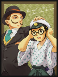 Rule 34 | 2boys, aged down, aviator cap, black-framed eyewear, black headwear, black jacket, brown eyes, brown hair, buttons, closed mouth, collarbone, collared shirt, commentary request, covering own ears, facial hair, fingernails, french text, giovanni battista caproni, glasses, green necktie, hand on another&#039;s head, hand up, hands up, hat, headpat, horikoshi jirou, jacket, japanese clothes, kaze tachinu, kimono, lapels, light smile, long sleeves, looking at another, male focus, multiple boys, mustache, necktie, open mouth, partial commentary, round eyewear, shirt, short hair, smile, suit jacket, teeth, translated, tsurugi, upper body, upper teeth only, very short hair, vest, waistcoat, white headwear, white kimono, white shirt, wide sleeves, yellow eyes, yellow vest