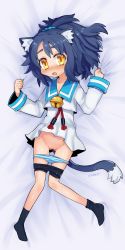 Rule 34 | 1girl, absurdres, animal ear fluff, animal ears, bed sheet, bike shorts, blush, cat ears, cat tail, clothes pull, dakimakura (medium), disgaea, full body, gluteal fold, highres, hishu, long sleeves, looking at viewer, nose blush, open mouth, panties, pussy, rutile (disgaea), sheet grab, shorts, shorts pull, solo, striped clothes, striped panties, tail, uncensored, underwear