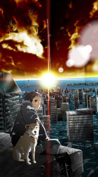 Rule 34 | 1girl, 71, bird, cityscape, cold, dog, dystopia, ocean, original, ruins, scenery, science fiction, solo, sunset, water