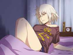 Rule 34 | 1girl, arm support, blue shorts, breasts, breasts apart, brown shirt, clock, closed mouth, confused, curtains, dolphin shorts, fate/grand order, fate (series), grey hair, half-closed eyes, indoors, ishii hisao, jeanne d&#039;arc (fate), jeanne d&#039;arc alter (avenger) (fate), jeanne d&#039;arc alter (fate), knee up, medium breasts, off-shoulder shirt, off shoulder, shirt, short hair, short shorts, shorts, single bare shoulder, solo, waking up, yellow eyes