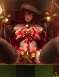 Rule 34 | 1girl, black gloves, black thighhighs, breasts, christmas, covered navel, elbow gloves, closed eyes, fate/grand order, fate (series), gae bolg (fate), gloves, hat, huge breasts, limgae, long hair, naked ribbon, purple hair, ribbon, santa hat, scathach (fate), solo, spread legs, thighhighs