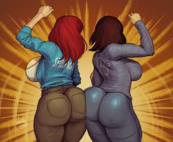 2girls andreja_(starfield) arm_up ass ass-to-ass ass_press blue_jacket blue_pants breasts brown_hair brown_pants butt_bump cleavage crossover denim devilhs from_behind grey_shirt huge_ass jacket jeans large_breasts long_hair marvel mary_jane_watson multiple_girls open_clothes open_jacket pants red_hair shirt spider-man_(series) spider-man_2_(2023_game) starfield tight_clothes tight_pants white_shirt