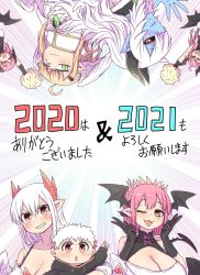 Rule 34 | 1boy, 2020, 2021, :&lt;, :3, ahoge, angel, angel wings, aoi hada no ten&#039;in to shiawasena tomodachi, baby, bat wings, black horns, black tail, black wings, blue skin, breasts, colored skin, creator connection, crossover, demon horns, dress, fangs, fangs out, gospel (mazohaha), green eyes, green neckwear, head wings, heal &amp; squeeze, highres, horns, huge breasts, jacket, kikyou (heal &amp; squeeze), koike (aoi hada no ten&#039;in to shiwasena tomodachi), long hair, lorem (mazohaha), mimosa (heal &amp; squeeze), mother and son, multiple girls, musuko ga kawaikute shikatanai mazoku no hahaoya, necktie, new year, parent and child, pink hair, pom pom (cheerleading), red eyes, red horns, sakura (heal &amp; squeeze), smile, tail, tongue, tongue out, v, vietnamese clothes, vietnamese dress, white dress, white hair, white jacket, wings, zyugoya