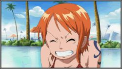 Rule 34 | 1girl, animated, animated gif, bikini, bouncing breasts, breasts, cleavage, earrings, inoue eisaku, jewelry, large breasts, lowres, nami (one piece), one piece, orange hair, sexually suggestive, solo, swimsuit, tattoo, tree